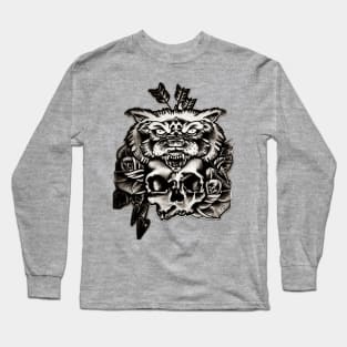 Skull with wolf headdress roses tattoo design Long Sleeve T-Shirt